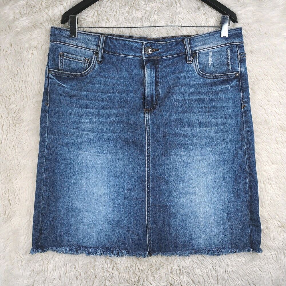 Kut From The Kloth Distressed Denim Mini Skirt Sz 14 Melinda Dark Wash